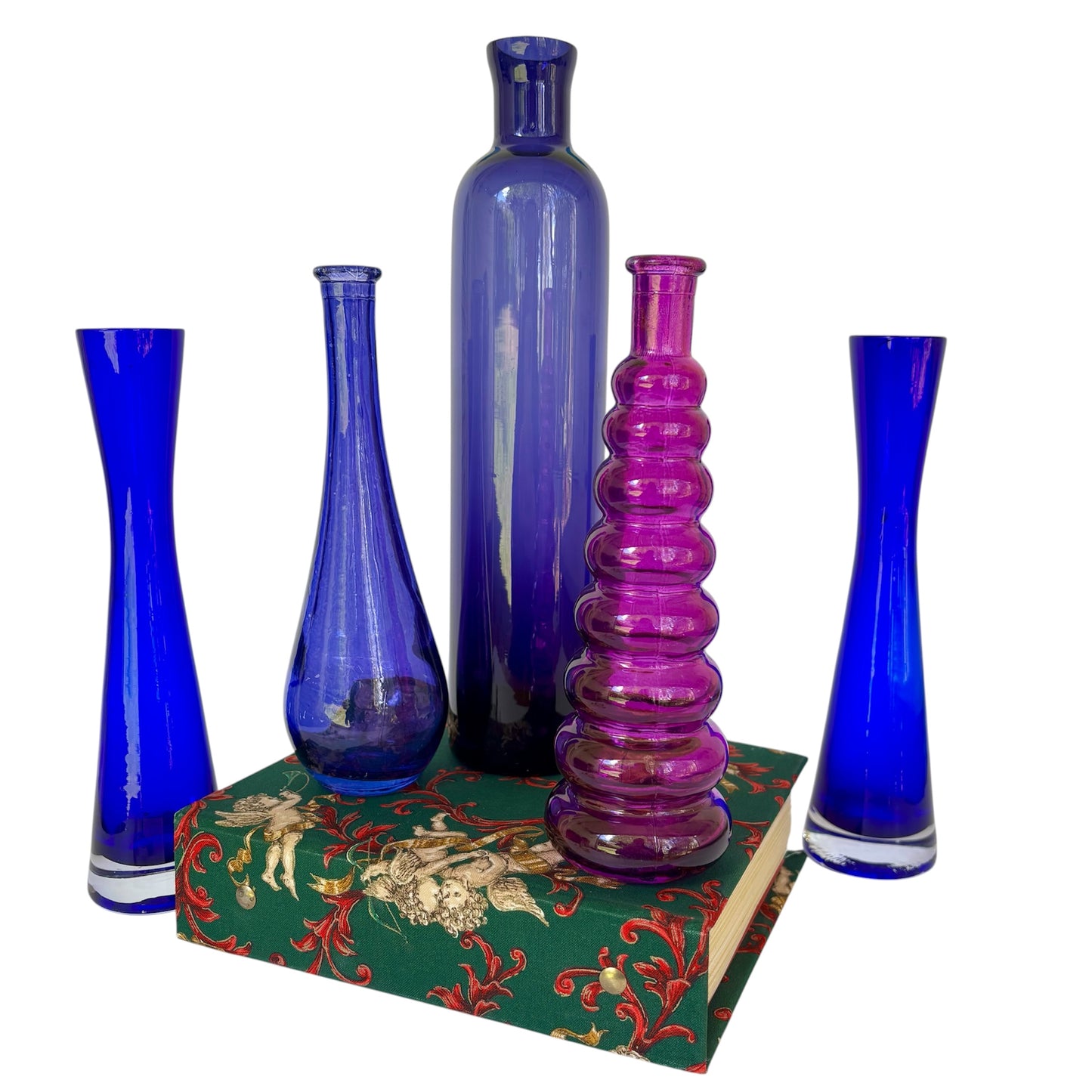 Vintage Cobalt Blue & Magenta Art Glass Bottle Vase Collection |⋆˙⟡ | Mid Century / Boho Eclectic Decor Set of 5