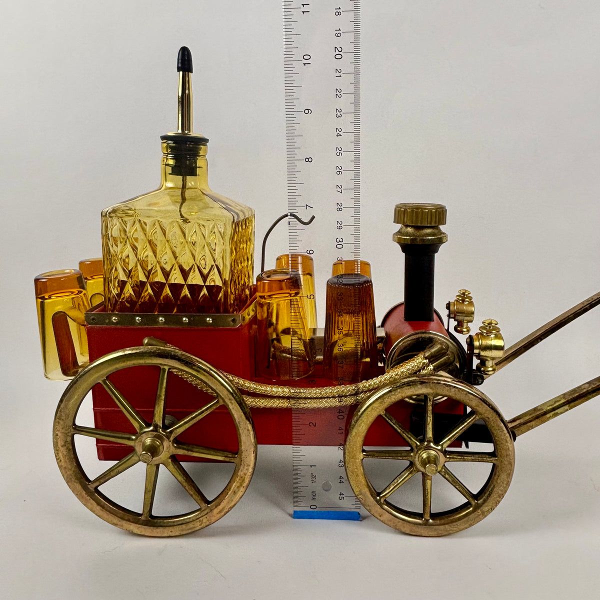 Vintage Japanese Musical Fire Wagon Decanter Set |⋆˙⟡| Amber Glass Barware