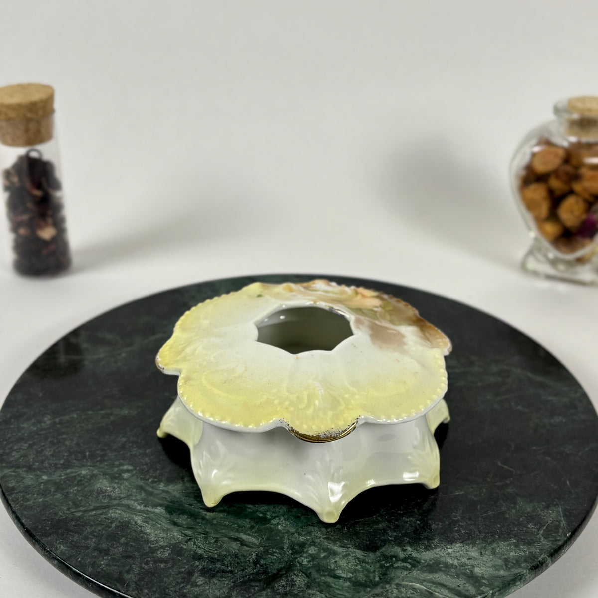 Antique German Porcelain Hair Receiver |⋆˙⟡| Hand Painted Yellow Roses Vanity Dish