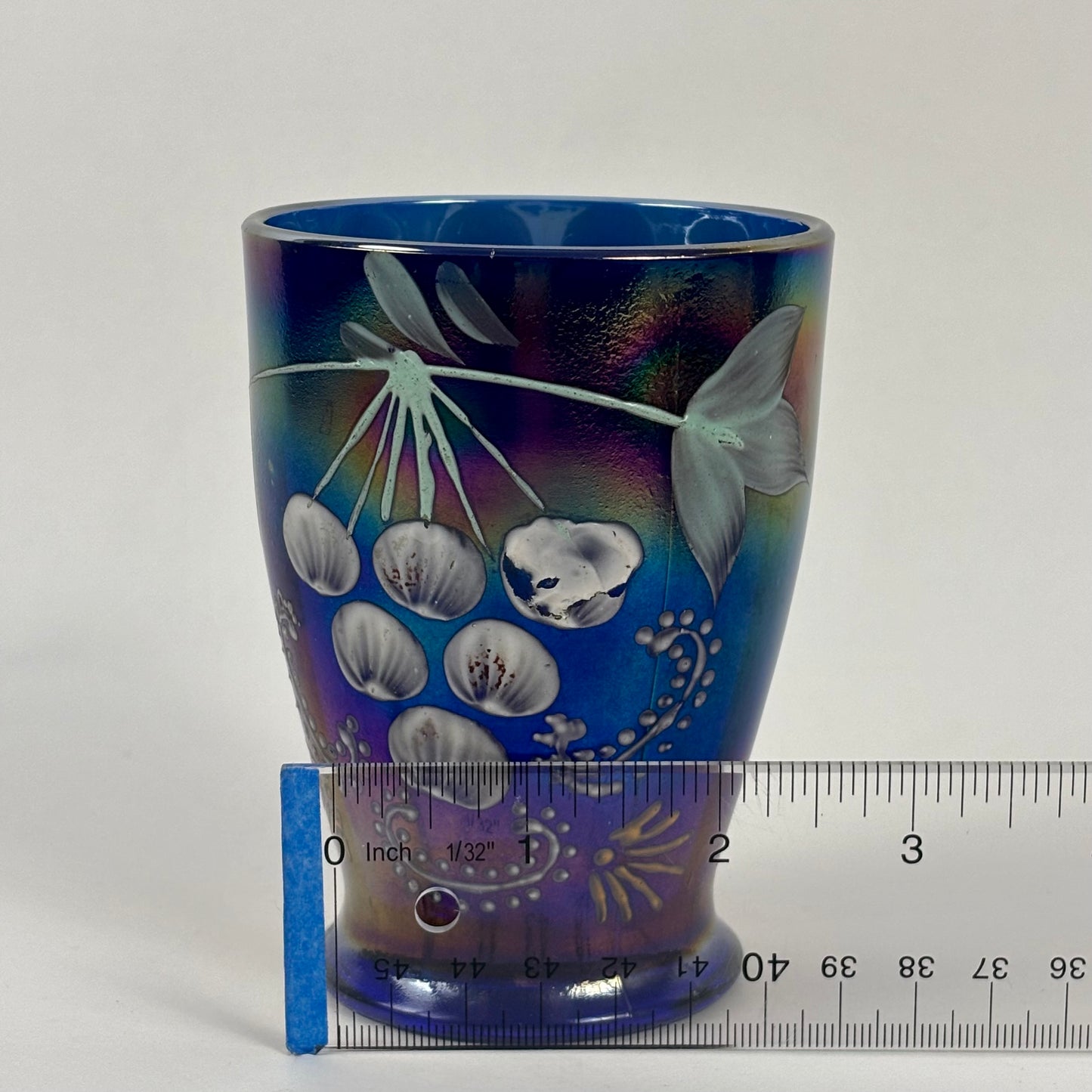 Antique Northwood Blue Carnival Glass Enameled Ground Cherries Tumbler |⋆˙⟡| c. 1910s