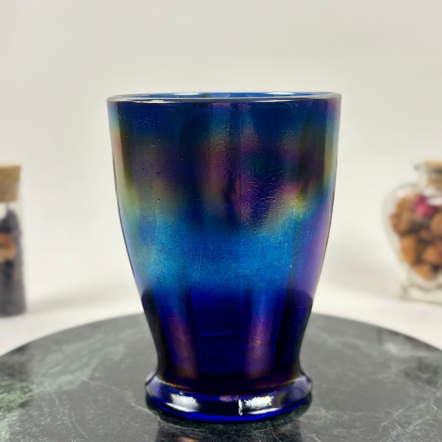 Antique Northwood Blue Carnival Glass Enameled Ground Cherries Tumbler |⋆˙⟡| c. 1910s