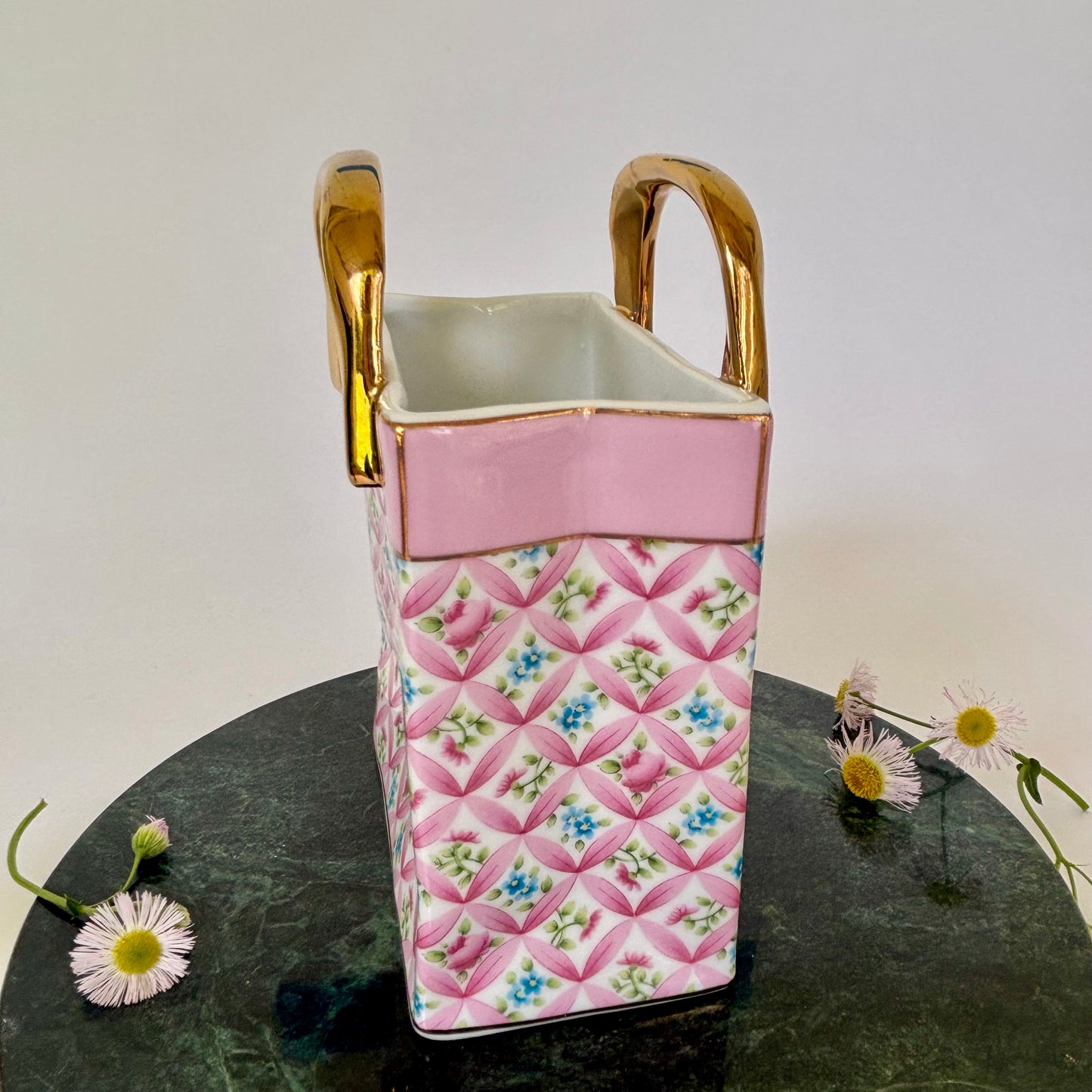 Porcelain Purse Planter / Vase |⋆˙⟡ | Pink Floral Lattice Gold Handle Vanity Decor