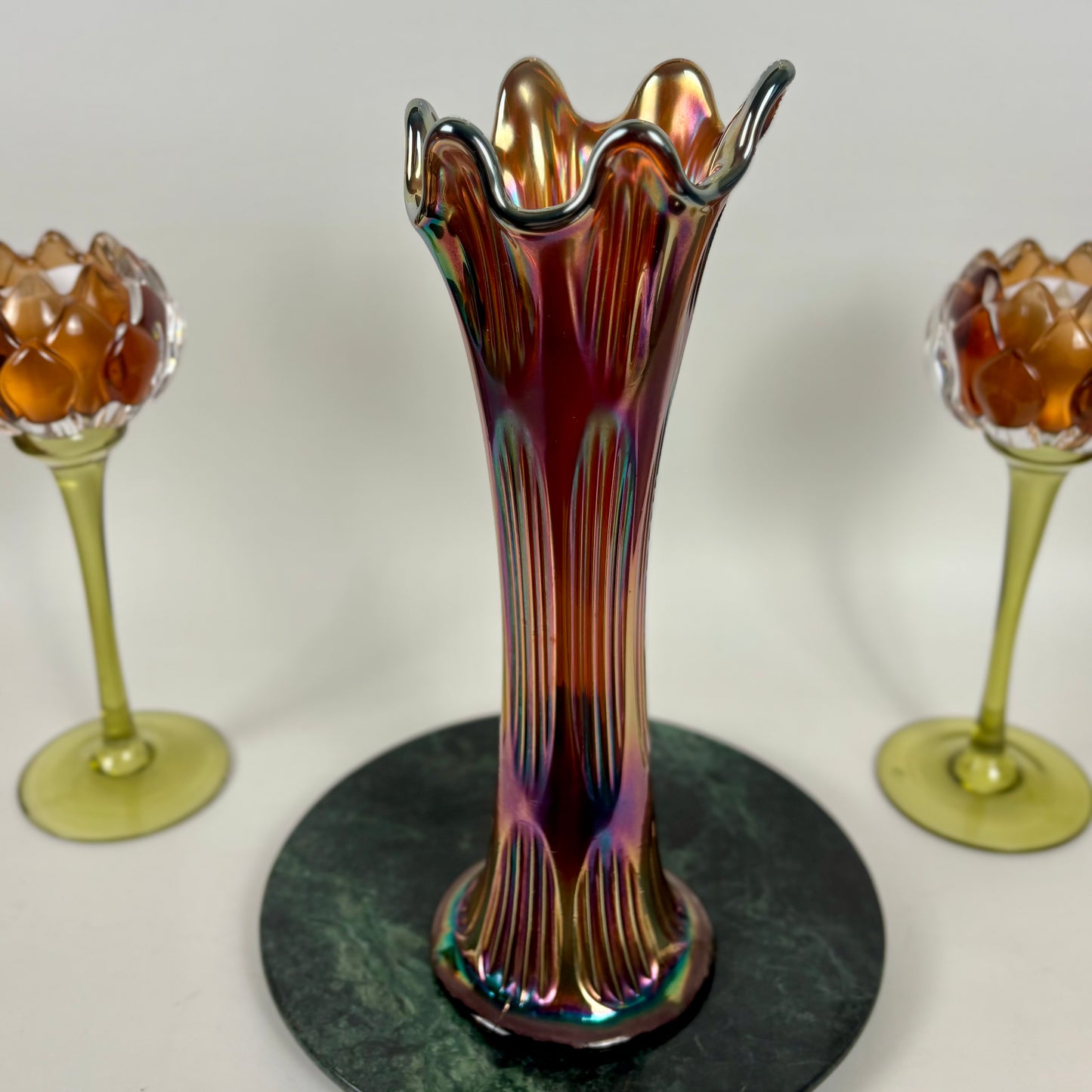 Fenton Amethyst Diamond & Rib Pattern Swung Glass Vase |⋆˙⟡| Iridescent Ribbed Art Glass, Early 20th Century