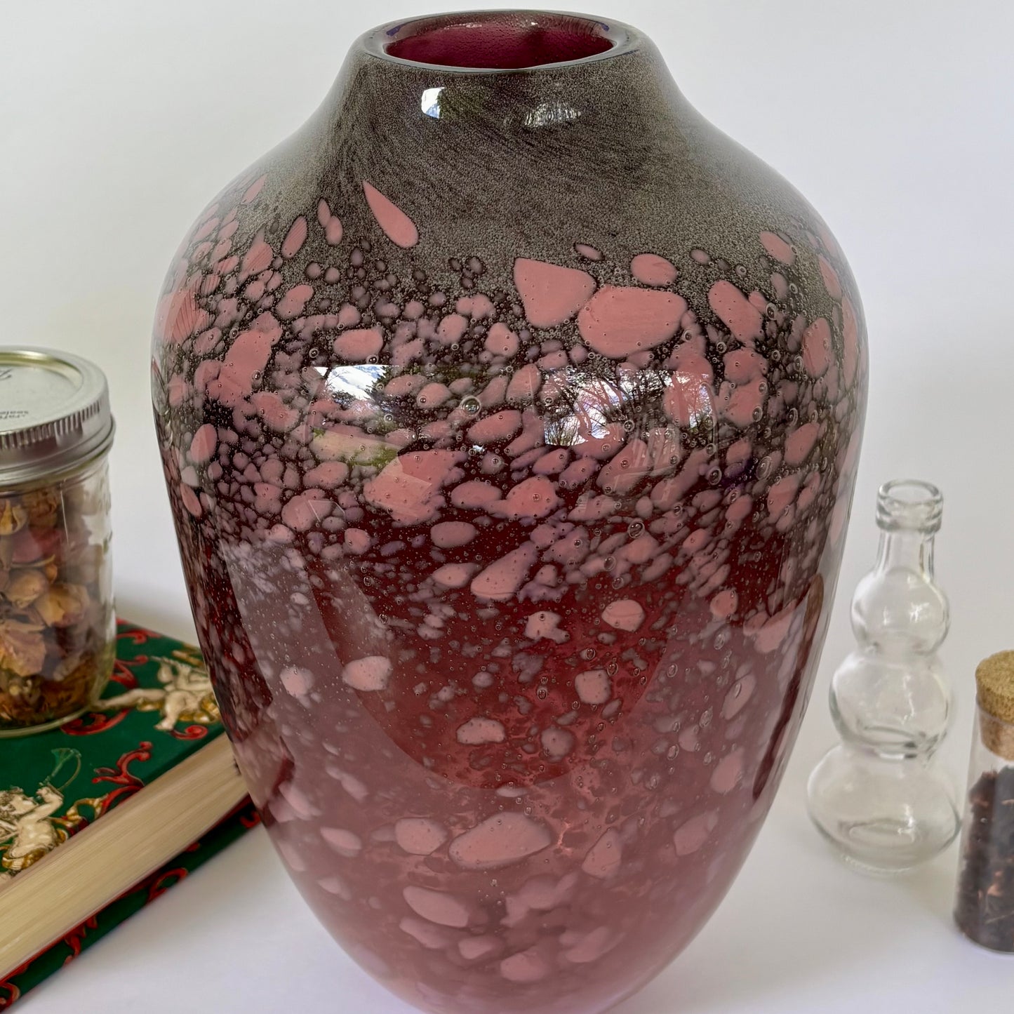 90's Signed Hand Blown Pink Art Glass Vase ⋆˙⟡ Cranberry Bubble / Mottled Studio Glass