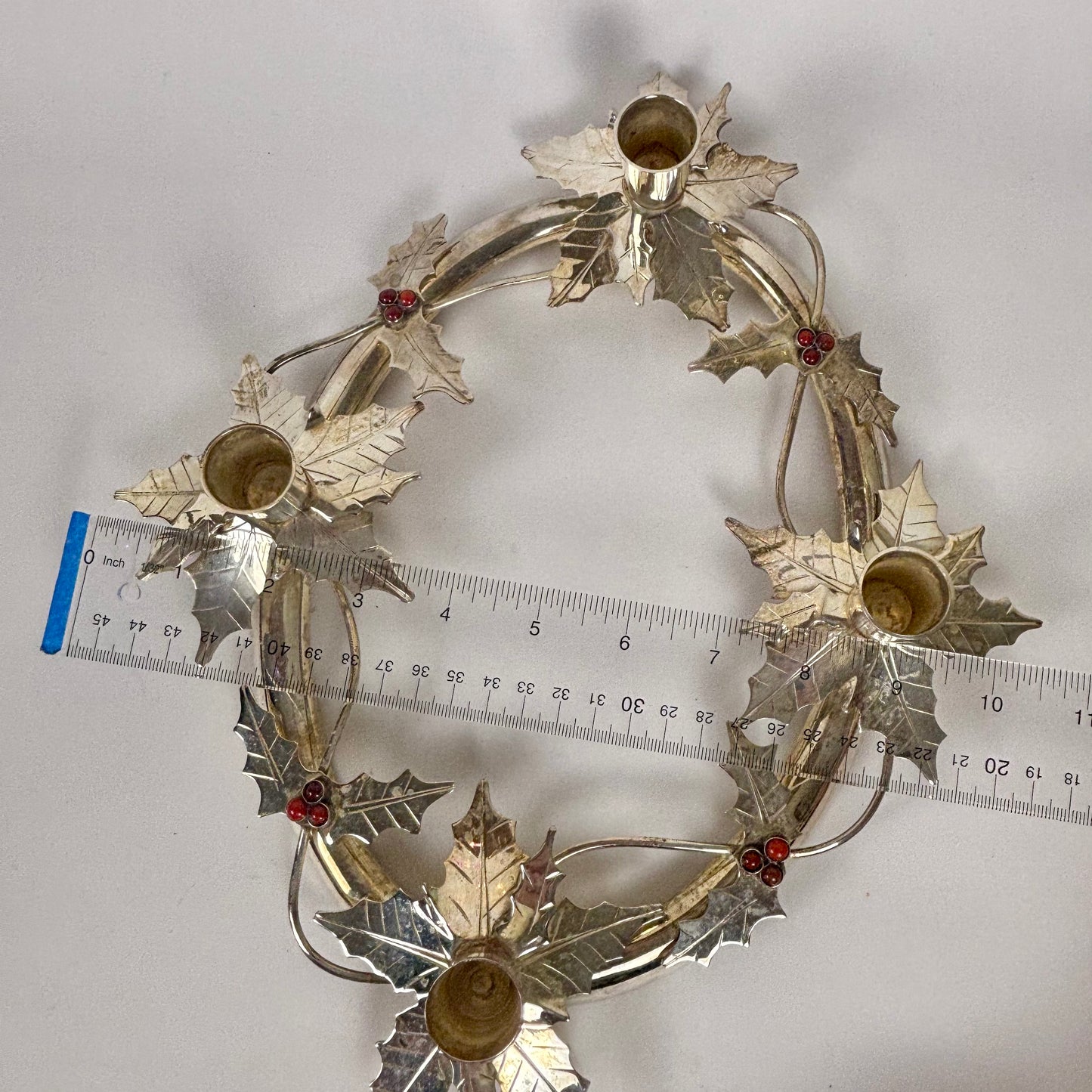 Vintage Silver Tone Metal Holly Advent Wreath Candle Holder |⋆˙⟡| Christmas Centerpiece, Made in India