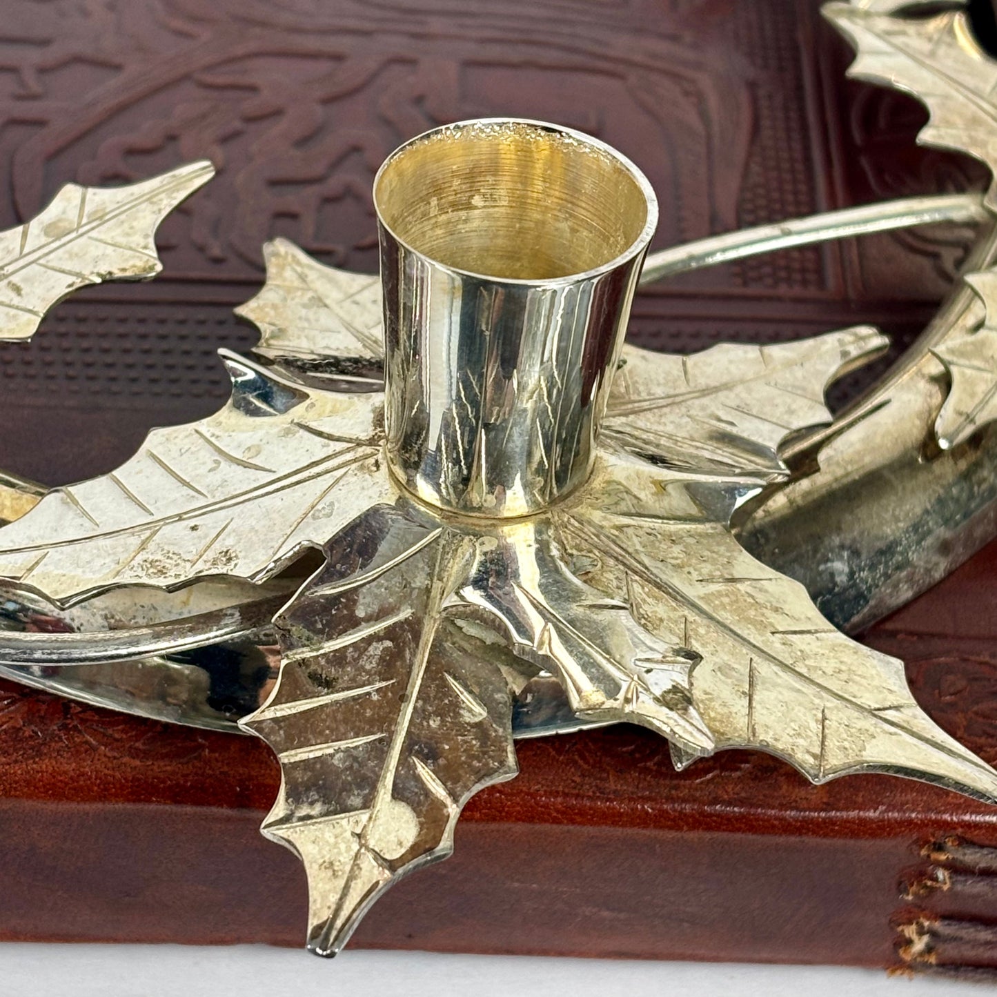 Vintage Silver Tone Metal Holly Advent Wreath Candle Holder |⋆˙⟡| Christmas Centerpiece, Made in India