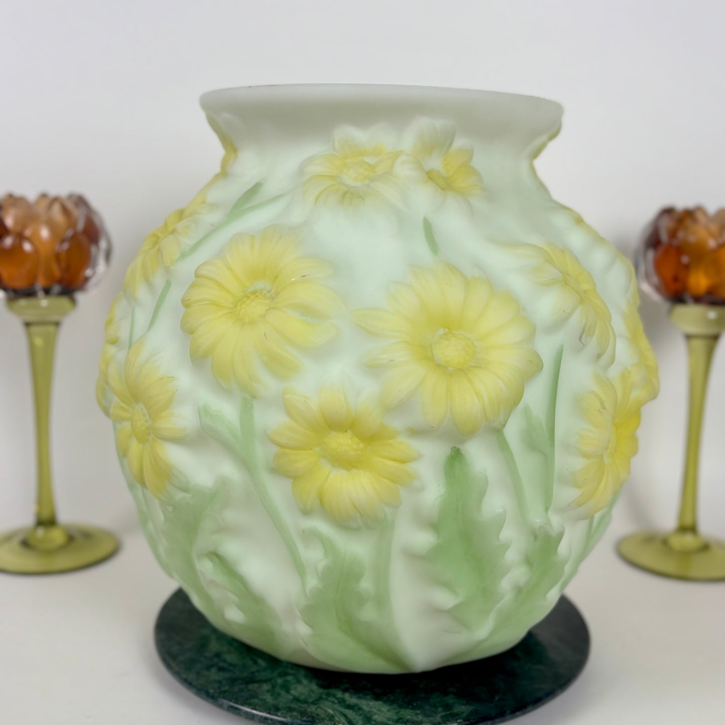 Phoenix Art Glass Yellow Daisy Pattern Vase |⋆˙⟡| Reverse Decorated, c. 1930s–1950s, Sculptured Floral Art Glass