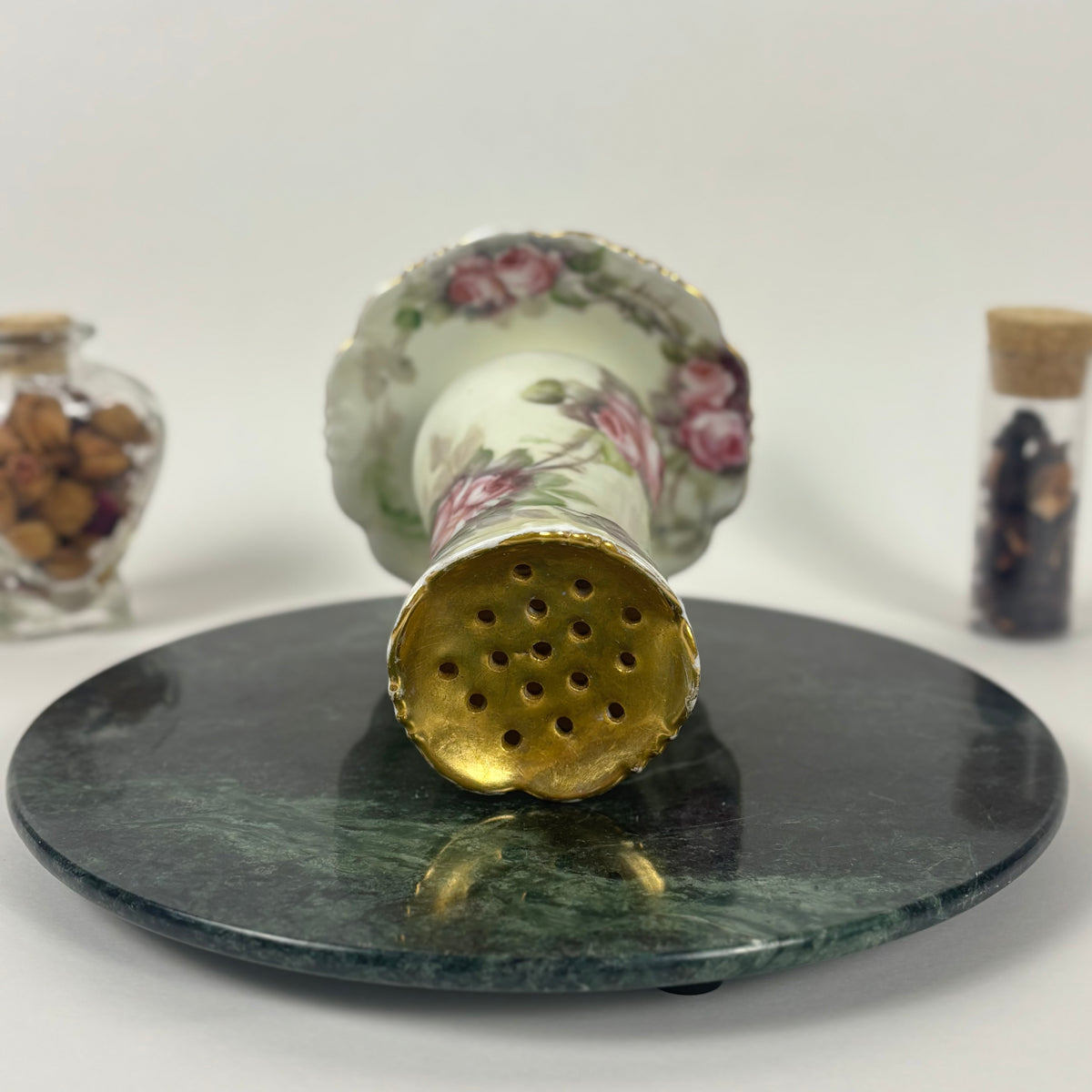 Antique Hand Painted Porcelain Hatpin Holder, Flower Frog |⋆˙⟡| Pink Roses & Gold