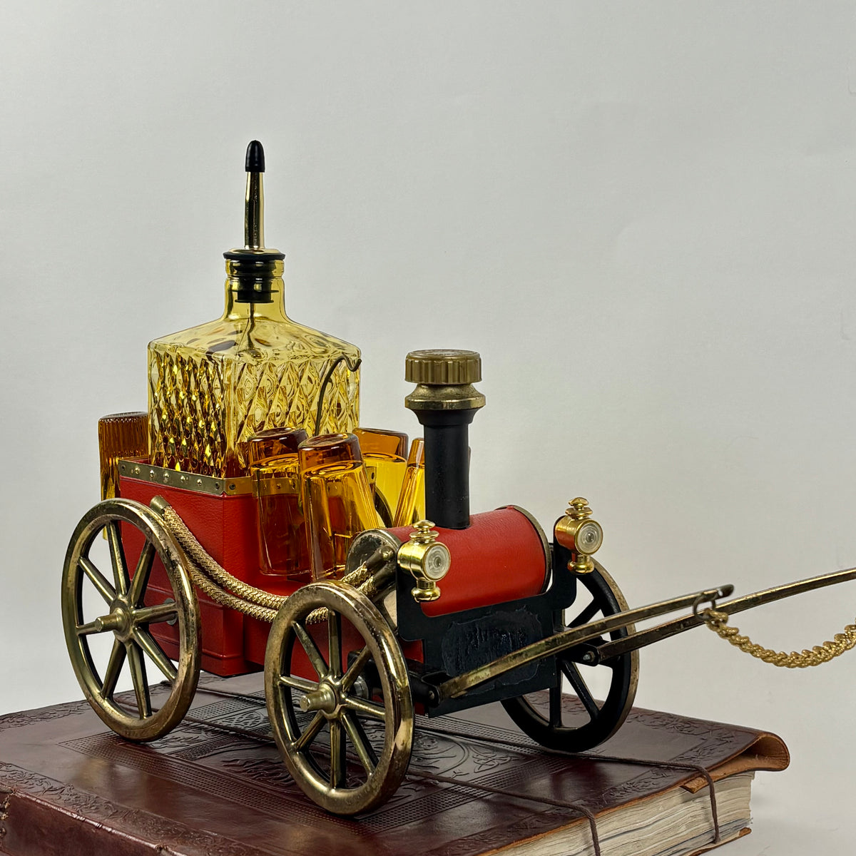 Vintage Japanese Musical Fire Wagon Decanter Set |⋆˙⟡| Amber Glass Barware