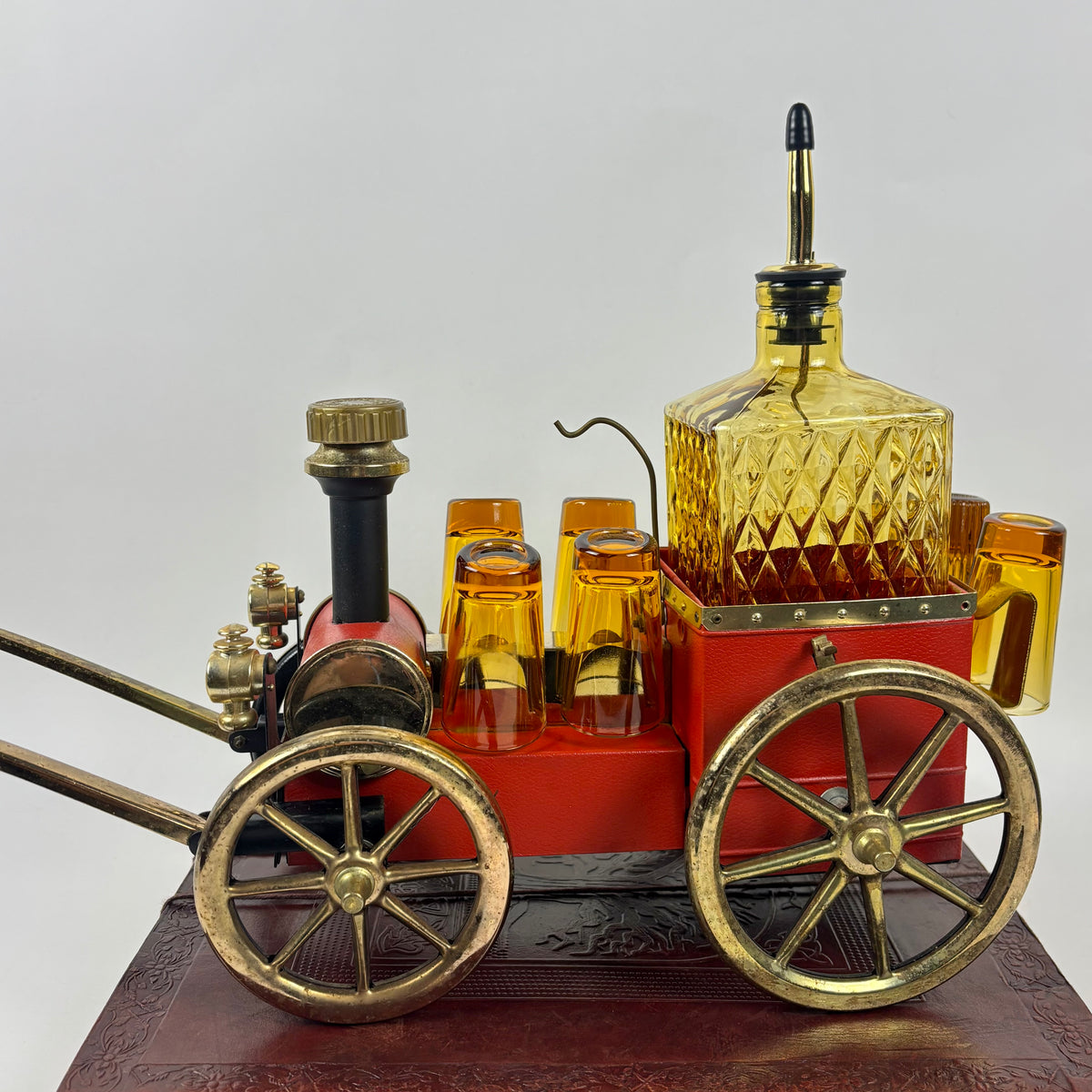Vintage Japanese Musical Fire Wagon Decanter Set |⋆˙⟡| Amber Glass Barware