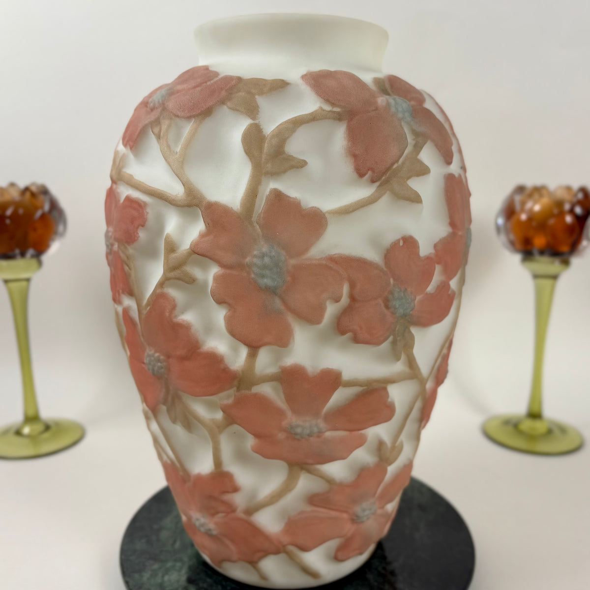 Antique 1920s Consolidated Glass Dogwood Vase |⋆˙⟡| Original Label, Coral Pink Martele Art Glass