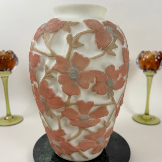 Antique 1920s Consolidated Glass Dogwood Vase |⋆˙⟡| Original Label, Coral Pink Martele Art Glass
