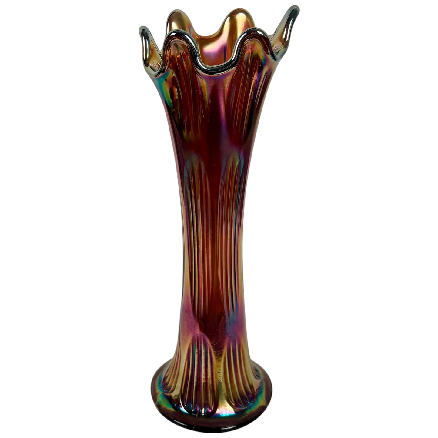 Fenton Amethyst Diamond & Rib Pattern Swung Glass Vase |⋆˙⟡| Iridescent Ribbed Art Glass, Early 20th Century