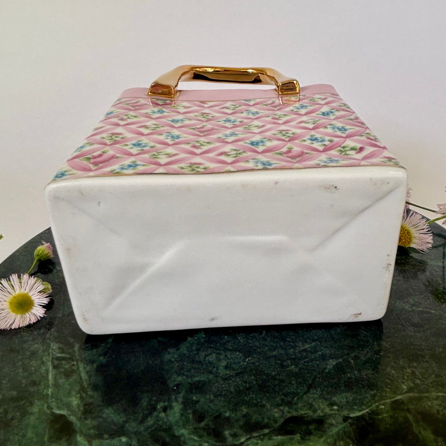 Porcelain Purse Planter / Vase |⋆˙⟡ | Pink Floral Lattice Gold Handle Vanity Decor