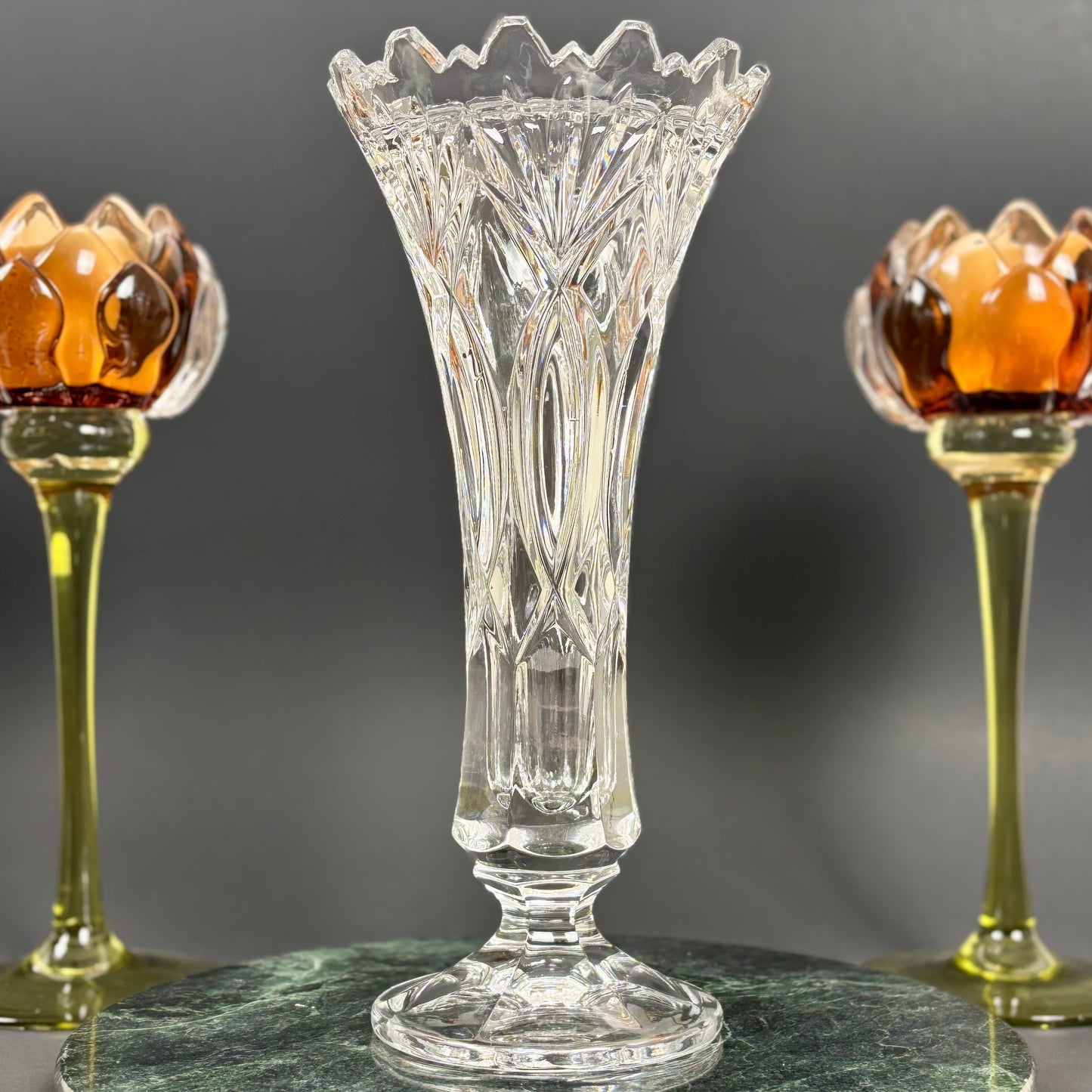 Vintage Crystal Trumpet Vase | ⋆˙⟡ | Pedestal Cut Glass Vase with Scalloped Rim