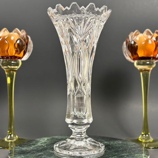 Vintage Crystal Trumpet Vase | ⋆˙⟡ | Pedestal Cut Glass Vase with Scalloped Rim
