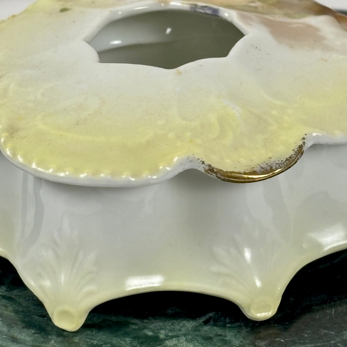 Antique German Porcelain Hair Receiver |⋆˙⟡| Hand Painted Yellow Roses Vanity Dish