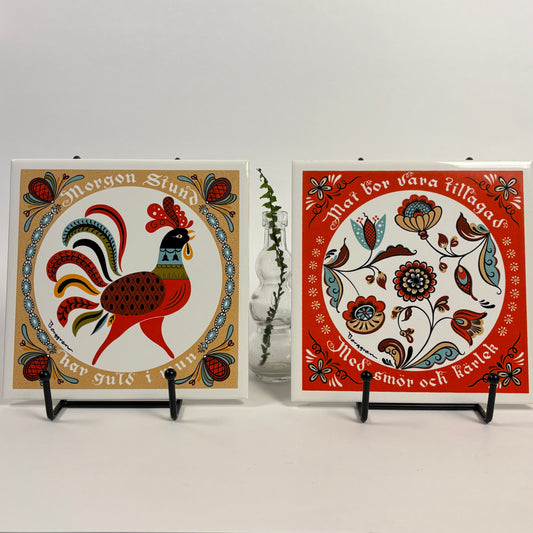 Vintage Berggren Swedish Folk Art Tile Wall Plaques |⋆˙⟡ | Scandinavian Rooster & Floral Kitchen Decor, Set of 2