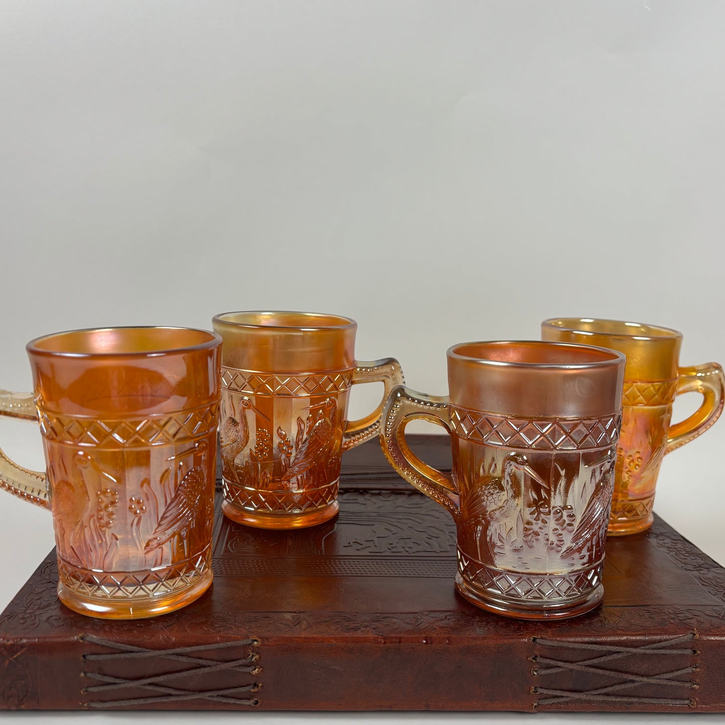 Antique Dugan Stork & Rushes Carnival Glass Mugs – Set of 4 |⋆˙⟡| Circa 1910