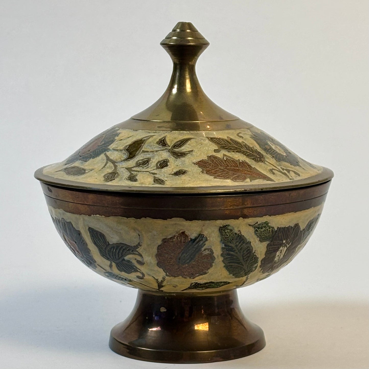 Vintage Floral Brass Tone Pedestal Trinket Dish with Lid |⋆˙⟡ | Made in India