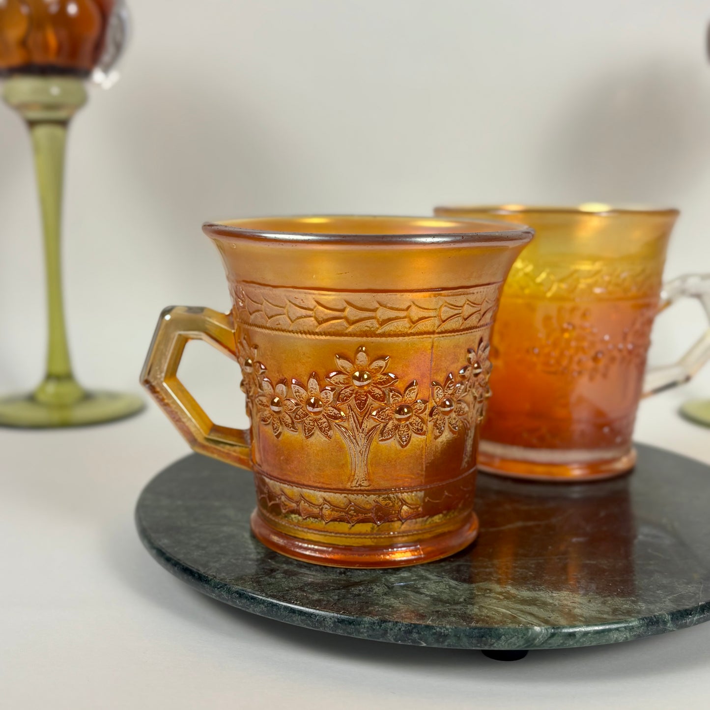 Antique Fenton Orange Tree |⋆˙⟡|Marigold Carnival Glass Mugs Pair, c. 1911–1920s
