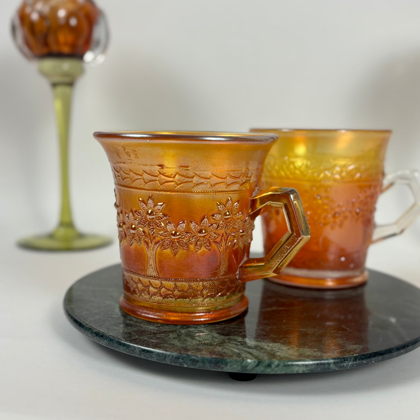 Antique Fenton Orange Tree |⋆˙⟡|Marigold Carnival Glass Mugs Pair, c. 1911–1920s