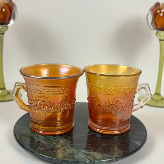 Antique Fenton Orange Tree |⋆˙⟡|Marigold Carnival Glass Mugs Pair, c. 1911–1920s
