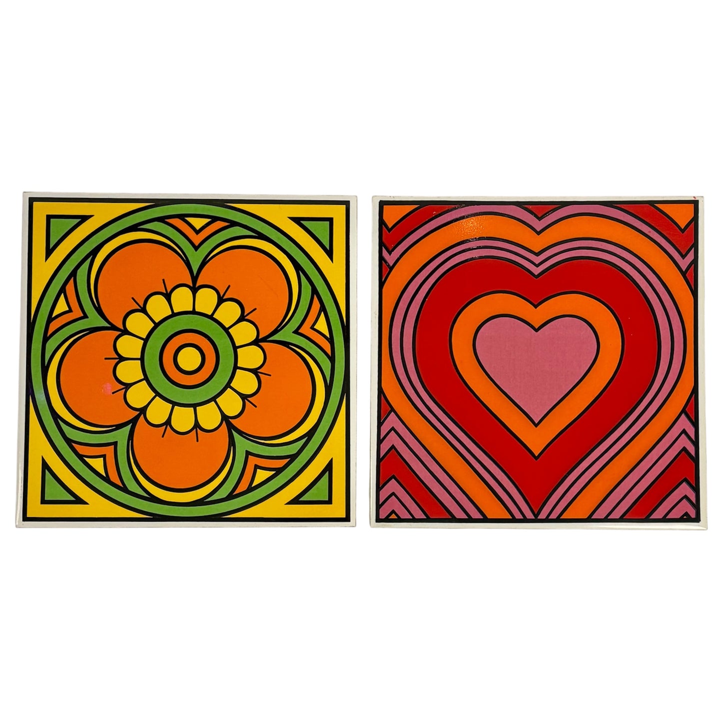 Vintage Mod Floral & Heart Tile Wall Art Set |⋆˙⟡ | Retro 70s Pop Art Ceramic Tiles, Set of 2