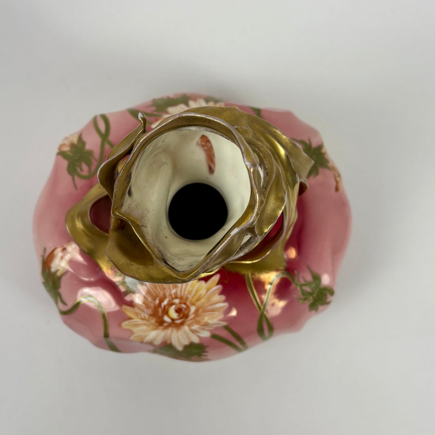 Vintage Art Nouveau Hand-Painted Pink Floral |⋆˙⟡| Porcelain Vase with Gilt Handles