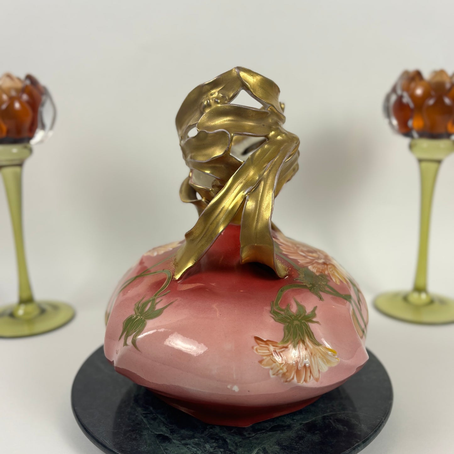 Vintage Art Nouveau Hand-Painted Pink Floral |⋆˙⟡| Porcelain Vase with Gilt Handles