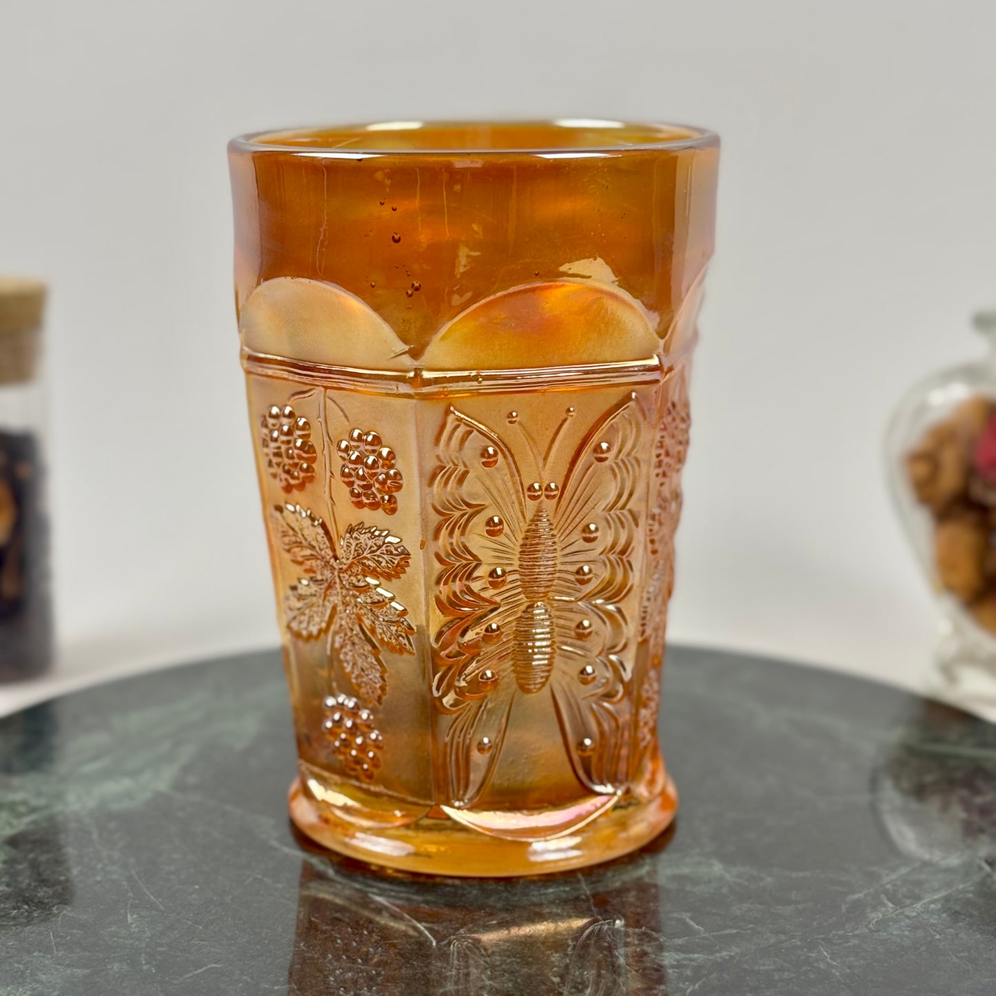 Antique Fenton Butterfly & Berry Marigold Carnival Glass Juice Tumbler |⋆˙⟡| c. 1911