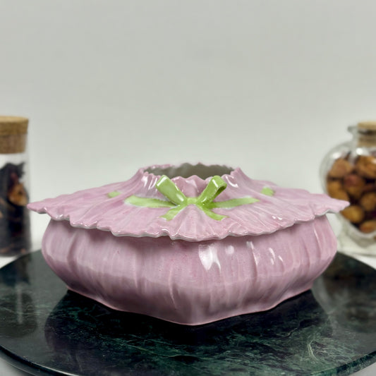 Antique Pink Floral Hair Receiver |⋆˙⟡| Ceramic Vanity Trinket Box, Late 1800s - Early 1900s