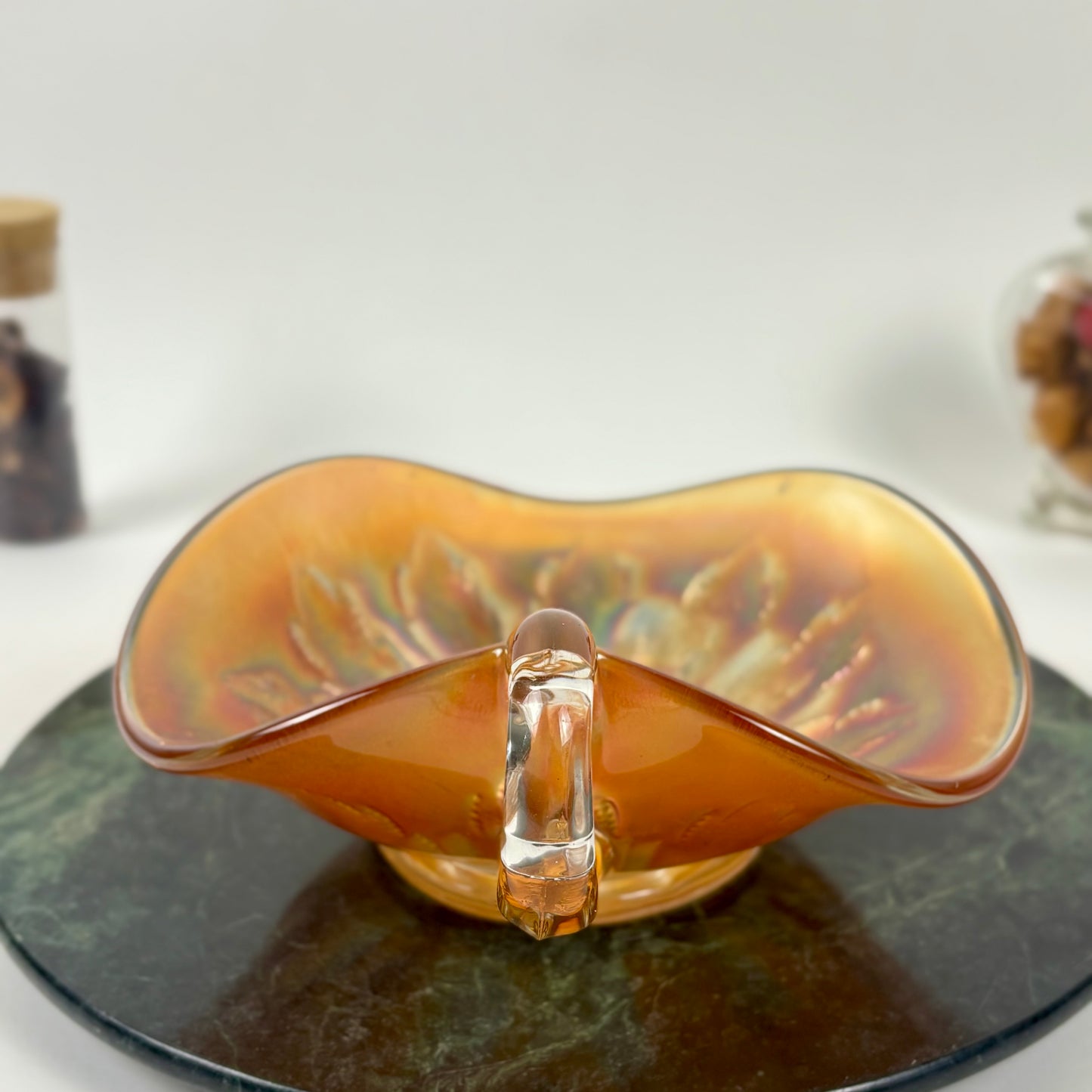 Antique Dugan Glass Leaf Ray Marigold Carnival Glass Nappy Dish |⋆˙⟡| Iridescent Handled Bowl, c. 1910