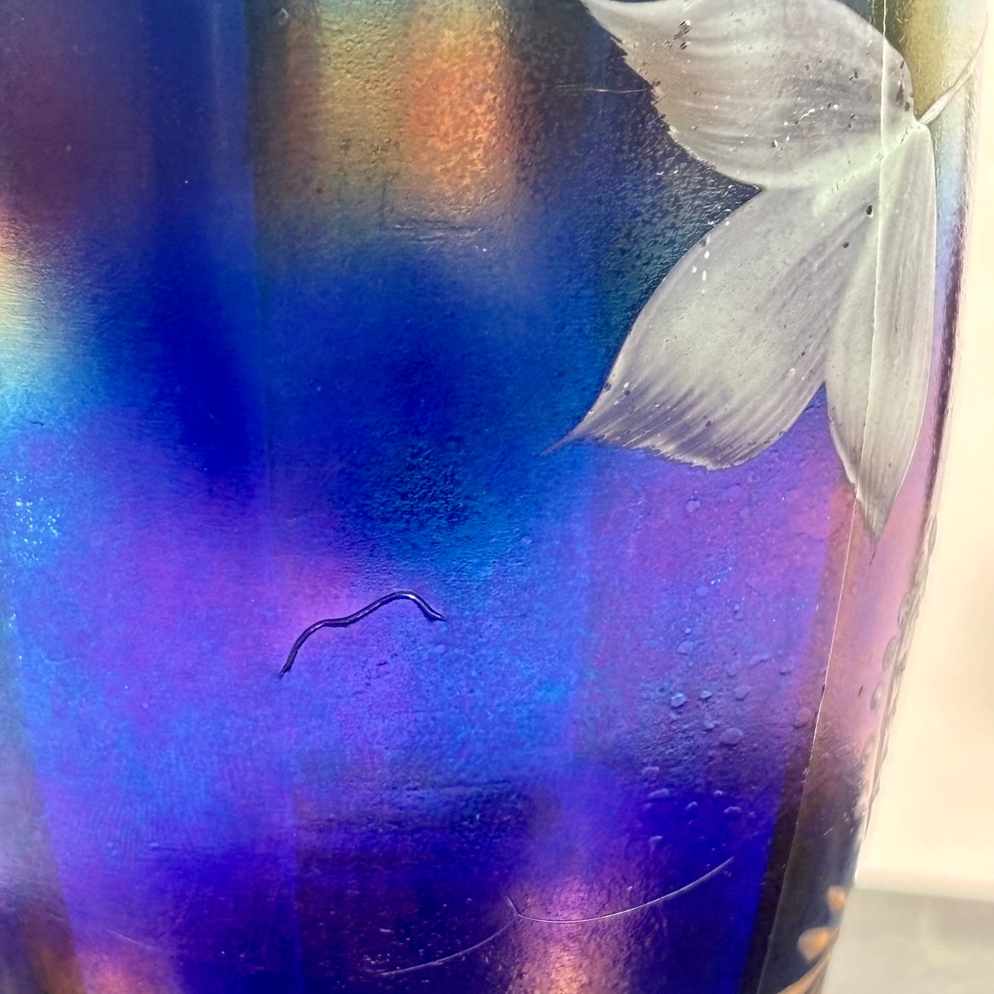 Antique Northwood Blue Carnival Glass Enameled Ground Cherries Tumbler |⋆˙⟡| c. 1910s