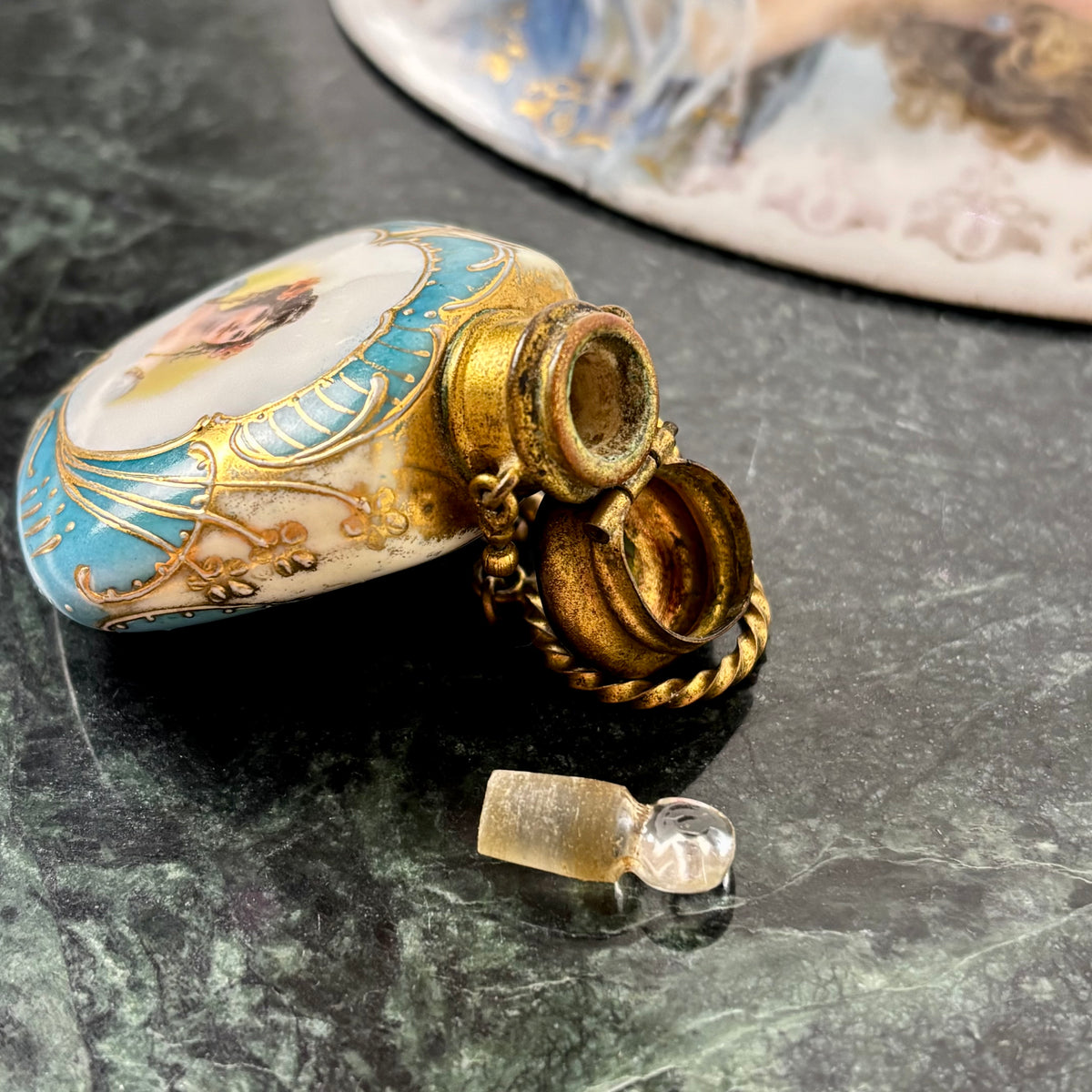 Antique Victorian Lady Portrait Porcelain Trinket Dish & Perfume Bottle Set |⋆˙⟡| Gold Gilt Vanity Decor