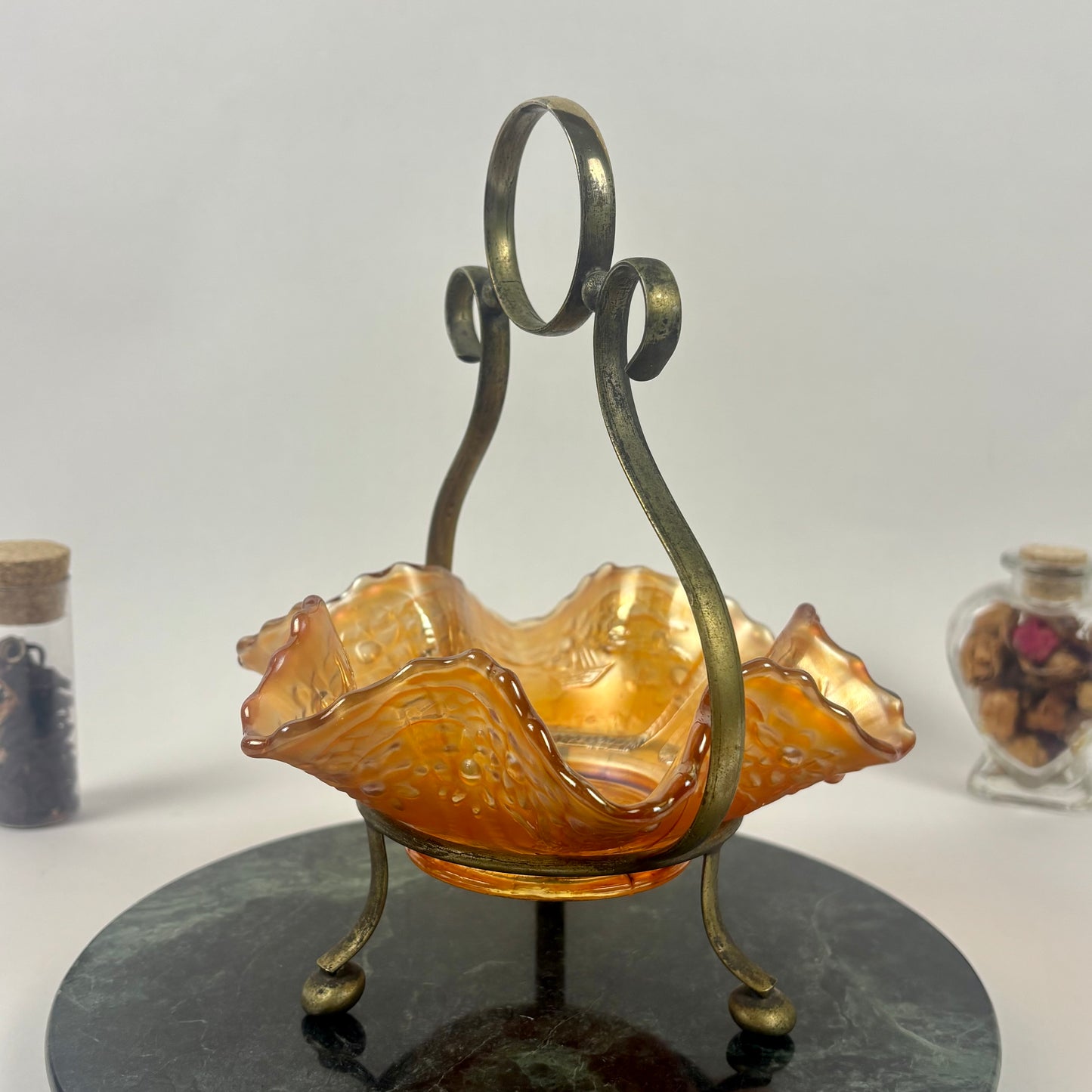 Antique Fenton Sailboats Marigold Carnival Glass Bowl |⋆˙⟡| with Brass Stand, c. Early 1900s