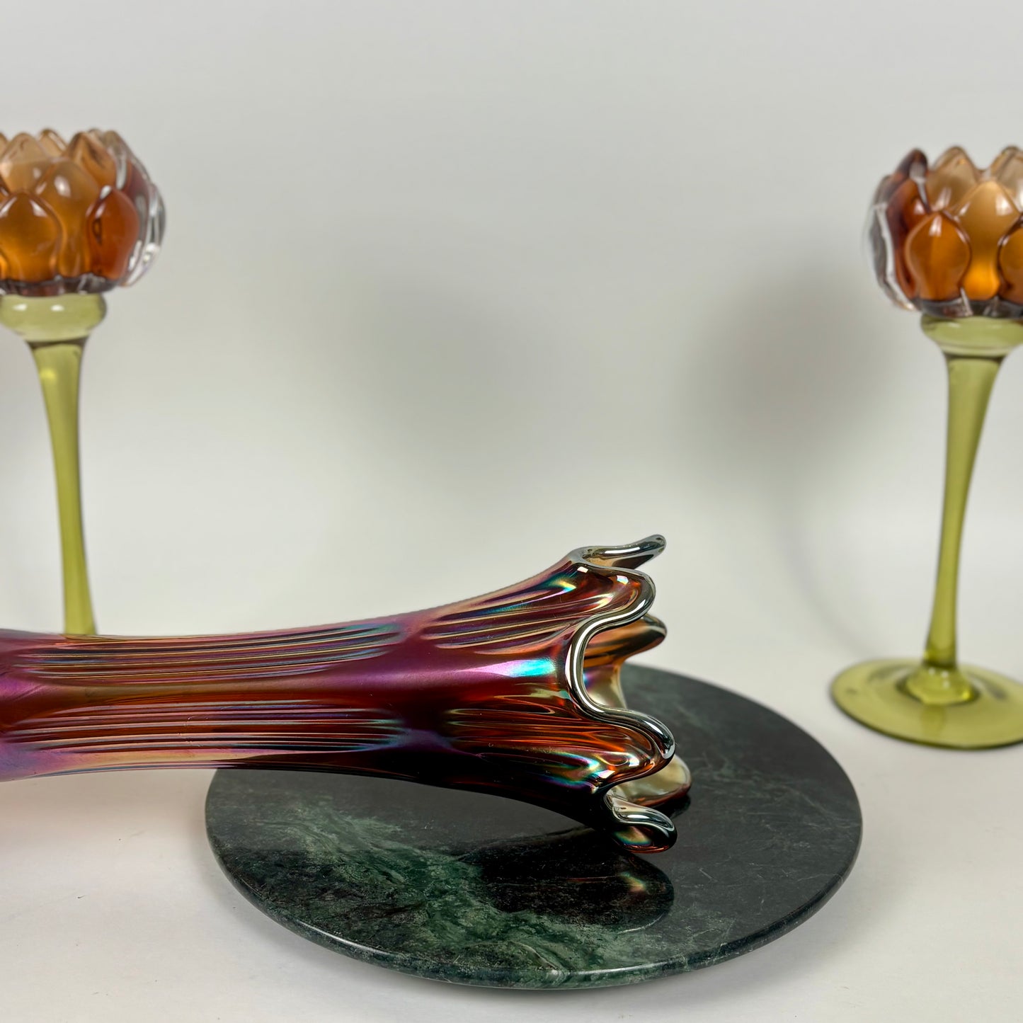 Fenton Amethyst Diamond & Rib Pattern Swung Glass Vase |⋆˙⟡| Iridescent Ribbed Art Glass, Early 20th Century
