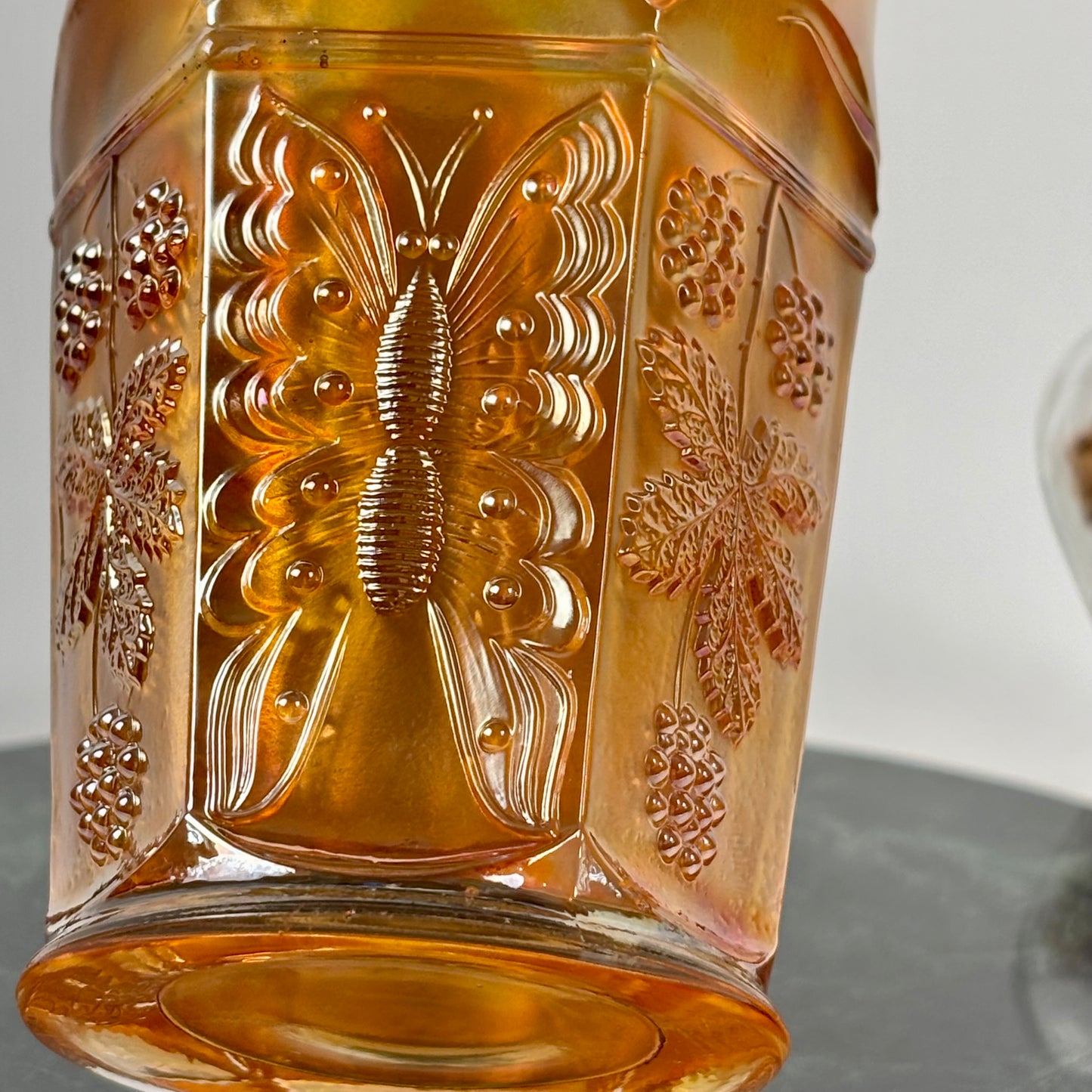Antique Fenton Butterfly & Berry Marigold Carnival Glass Juice Tumbler |⋆˙⟡| c. 1911