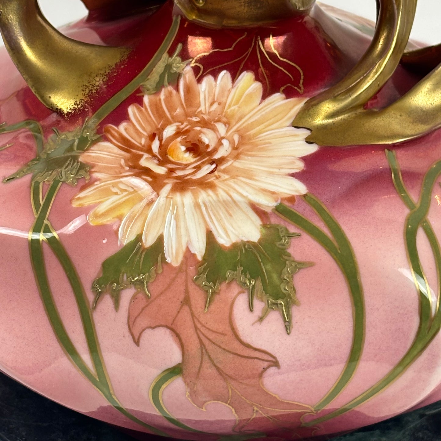 Vintage Art Nouveau Hand-Painted Pink Floral |⋆˙⟡| Porcelain Vase with Gilt Handles