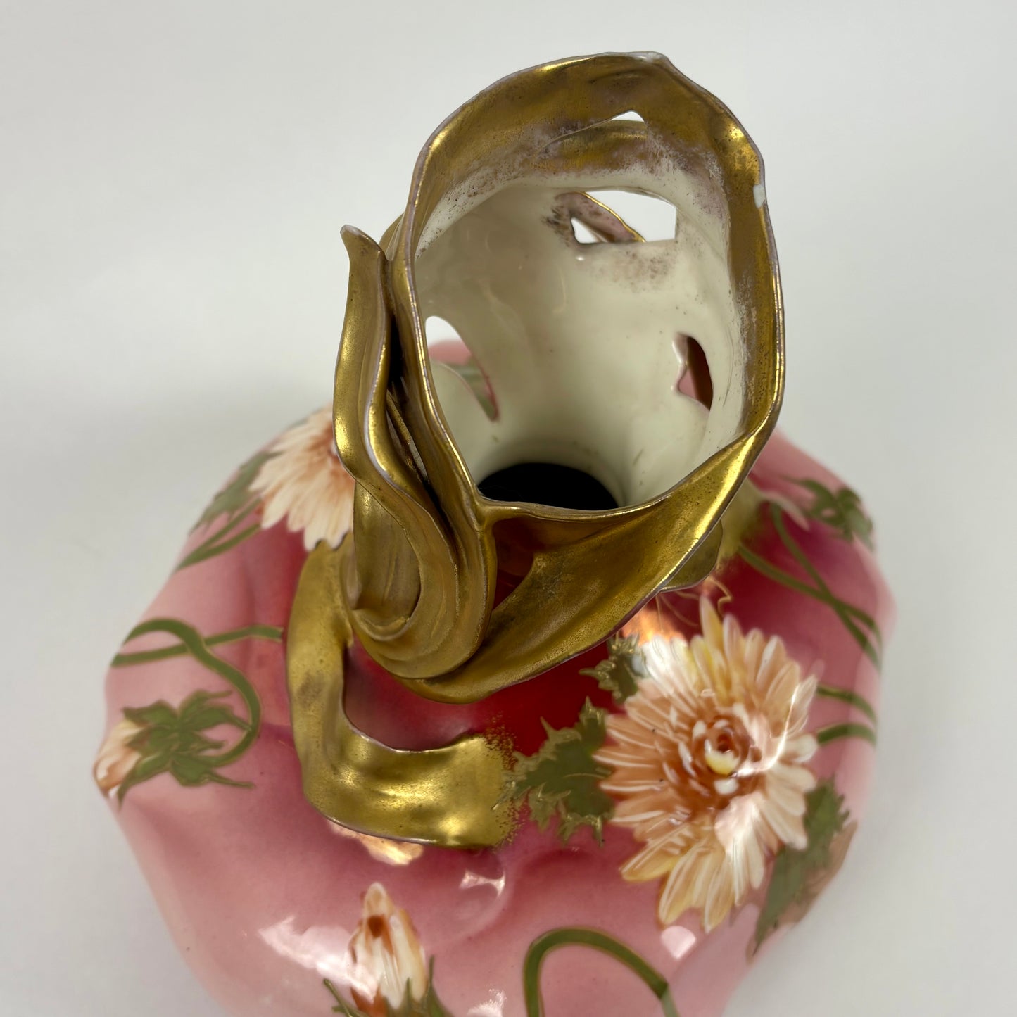 Vintage Art Nouveau Hand-Painted Pink Floral |⋆˙⟡| Porcelain Vase with Gilt Handles