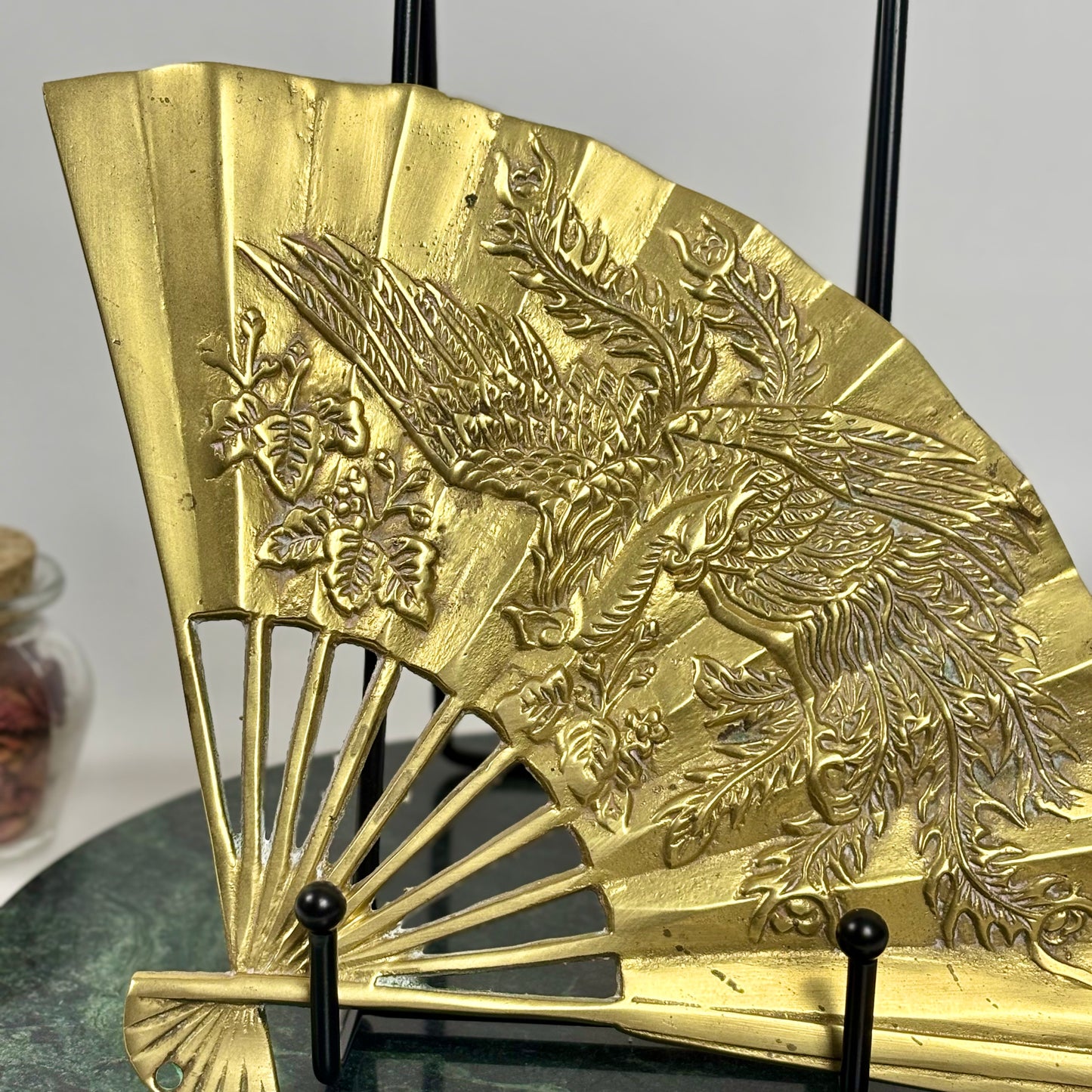 Vintage Brass Japanese Fan Wall Hanging |⋆˙⟡| Embossed Phoenix