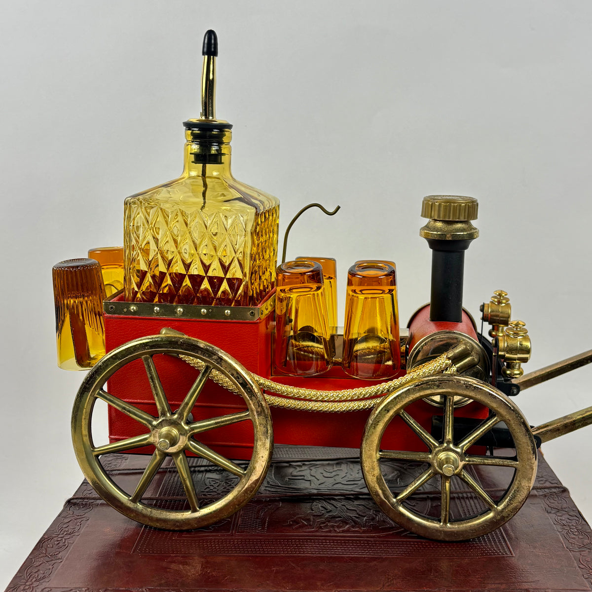 Vintage Japanese Musical Fire Wagon Decanter Set |⋆˙⟡| Amber Glass Barware