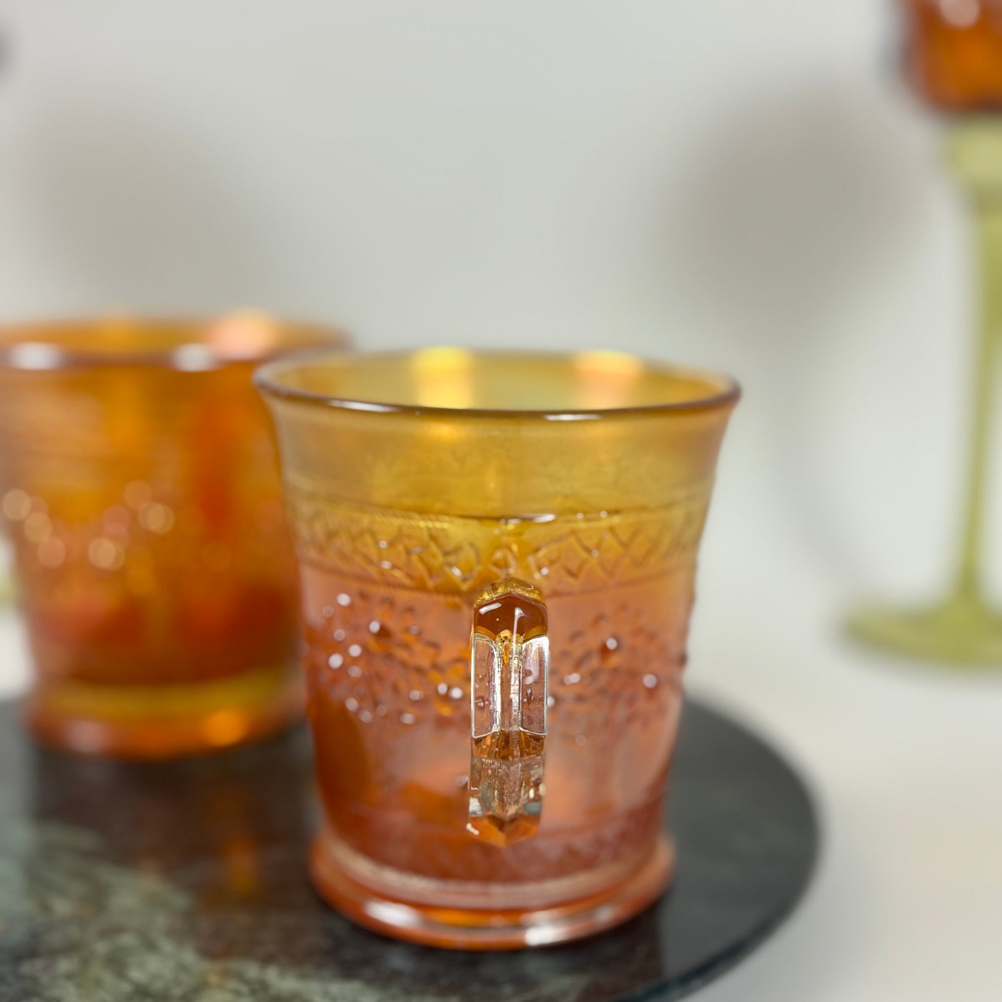 Antique Fenton Orange Tree |⋆˙⟡|Marigold Carnival Glass Mugs Pair, c. 1911–1920s