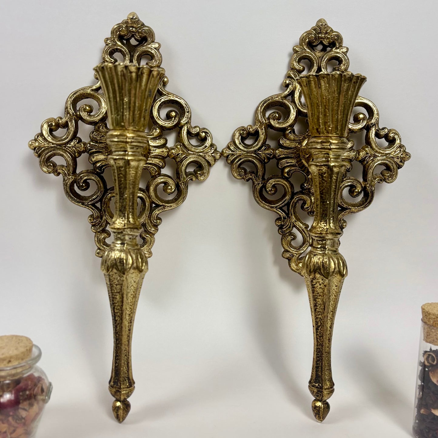 Pair of Vintage Ornate Gold Metal Wall Candle Sconces |⋆˙⟡| Hollywood Regency Scrollwork Candle Holders