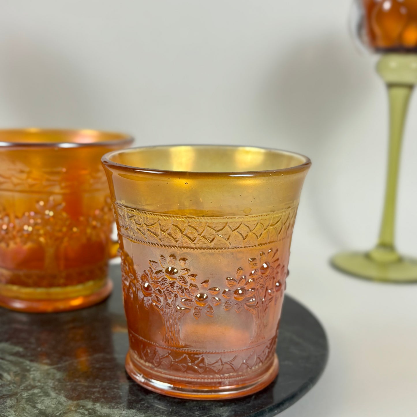 Antique Fenton Orange Tree |⋆˙⟡|Marigold Carnival Glass Mugs Pair, c. 1911–1920s
