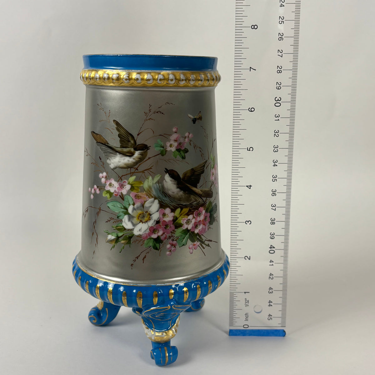 Antique Hand-Painted Bird & Floral Porcelain Vase |⋆˙⟡| Blue & Gold Footed Vase
