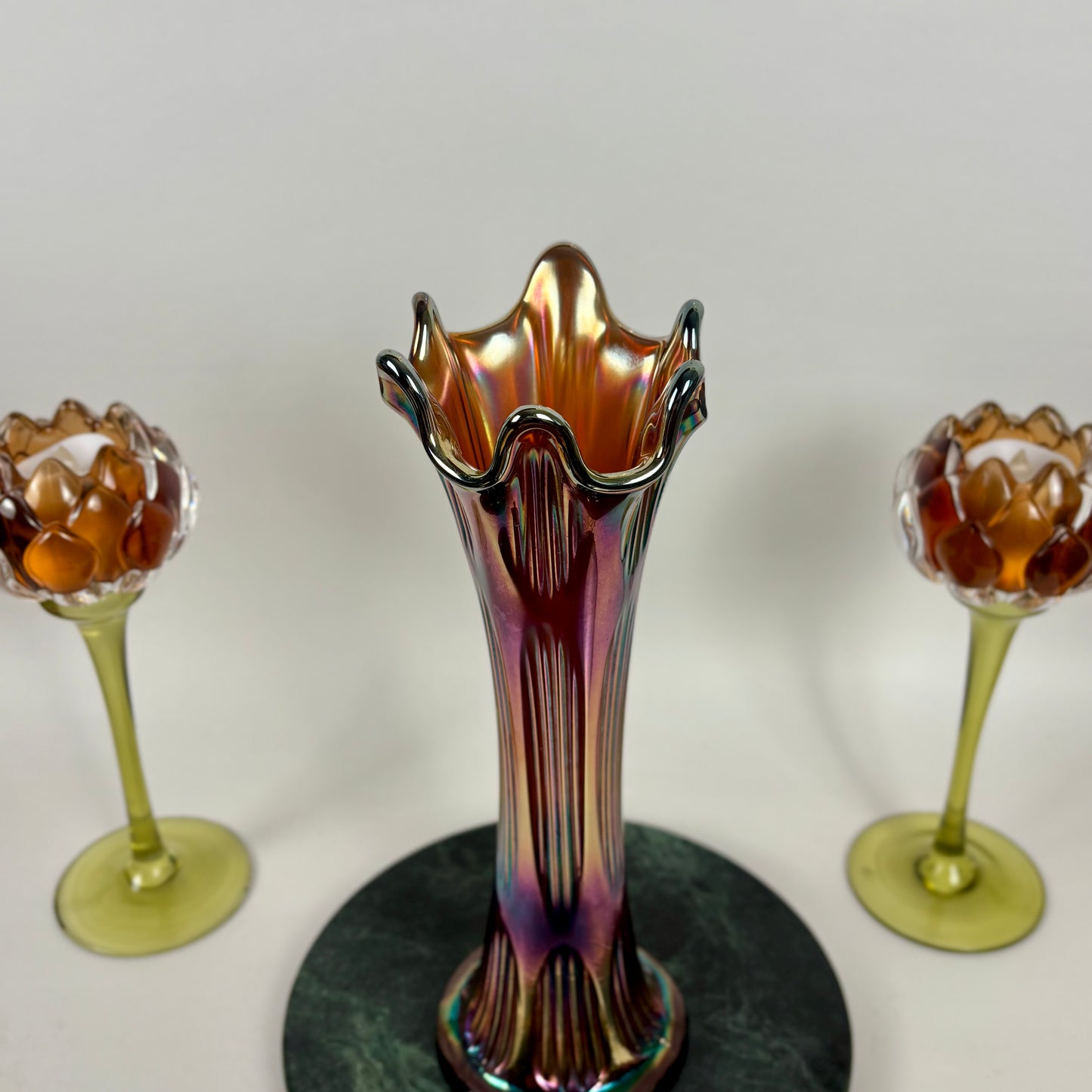 Fenton Amethyst Diamond & Rib Pattern Swung Glass Vase |⋆˙⟡| Iridescent Ribbed Art Glass, Early 20th Century