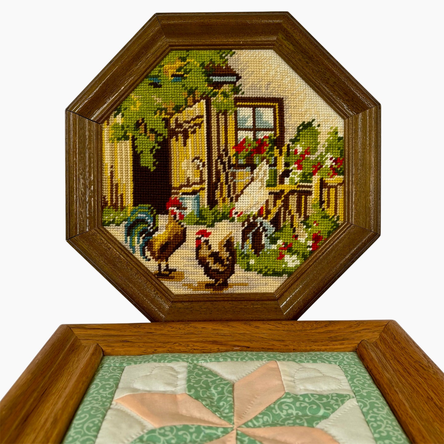 90's Handmade Framed Wall Art Set (2) ⋆˙⟡  Needlepoint Farm Scene + Quilt Block