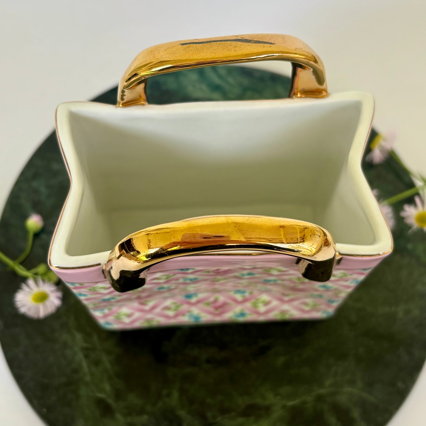 Porcelain Purse Planter / Vase |⋆˙⟡ | Pink Floral Lattice Gold Handle Vanity Decor