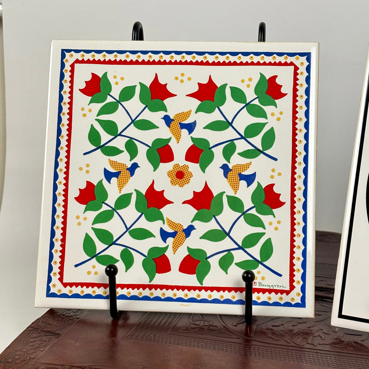 Set of 2 Vintage Ceramic Wall Tiles |⋆˙⟡| Berggren Floral Pattern,  Black and White 70’s Flower
